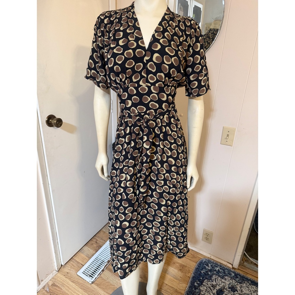 Loco Lindo Womens Abstract Dot Print V-Neck Midi Dress Brown Tan Black Size M